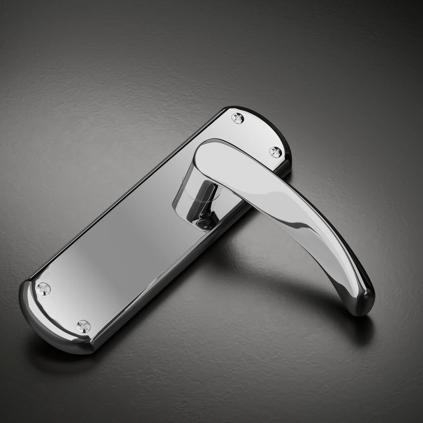 Fuller and Forge Garda Polished Chrome Lever on Backplate Latch Door Handle Pair Howdens
