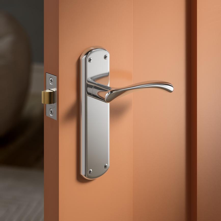 Fuller and Forge Garda Polished Chrome Lever on Backplate Latch Door Handle Pair Howdens