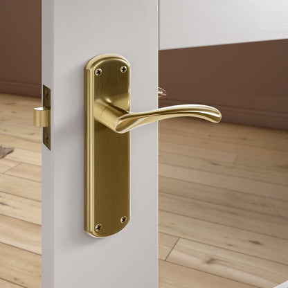 Howdens Fuller and Forge Garda Polished Brass Lever on Backplate Latch Door Handle Pair Howdens
