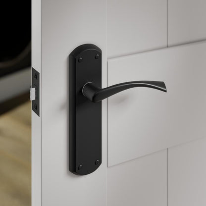 Fuller and Forge Garda Matt Black Lever on Backplate Latch Door Handle Pair Howdens