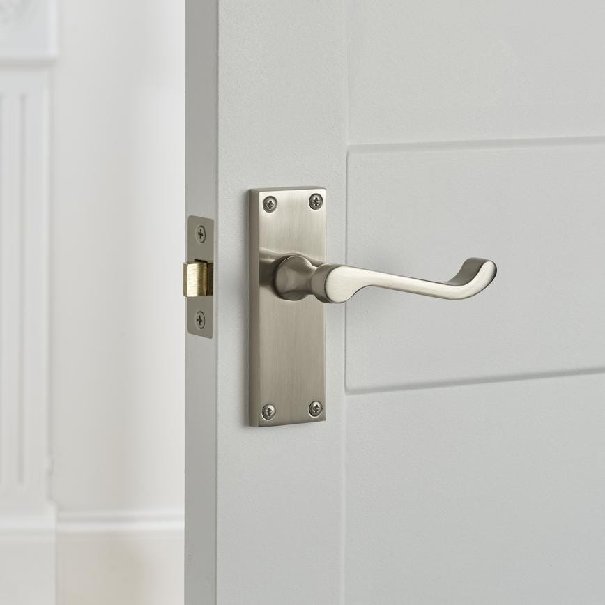 Howdens Victorian Satin Nickel Scroll Lever on Backplate Latch Door Handle Pair