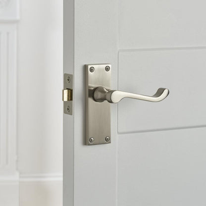 Howdens Victorian Satin Nickel Scroll Lever on Backplate Latch Door Handle Pair