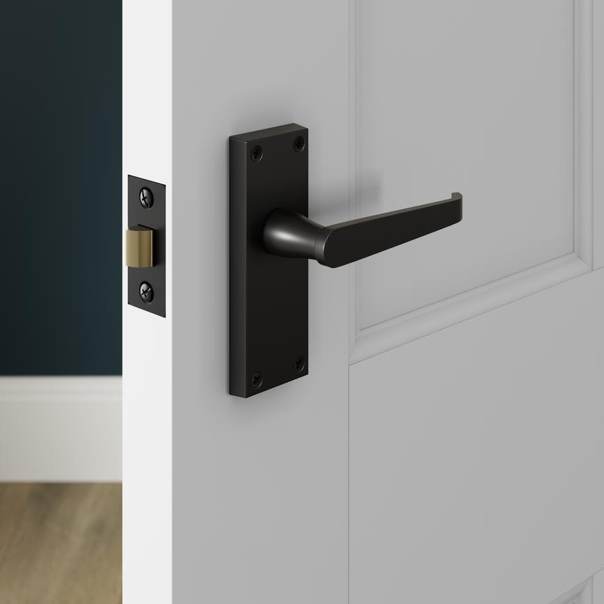 Howdens Victorian Matt Black Lever on Backplate Latch Door Handle Pair
