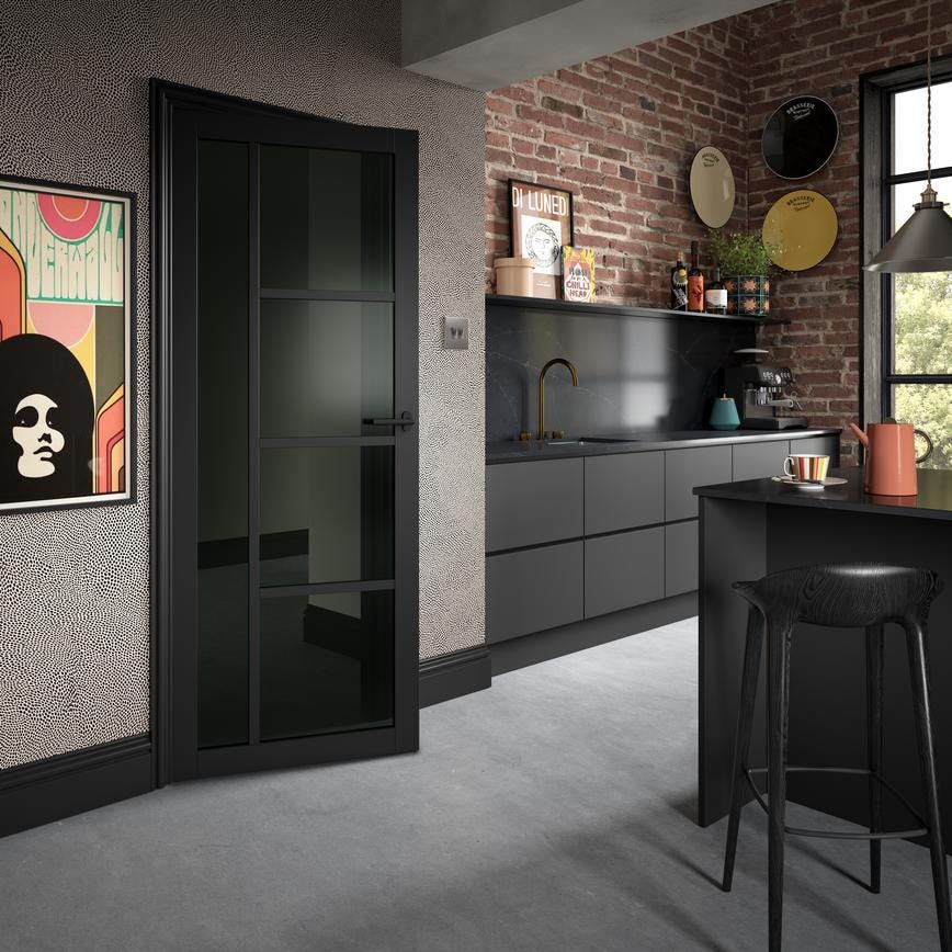 Howdens Lennox Matt Black Mitred Lever on Rose Door Handle Pair