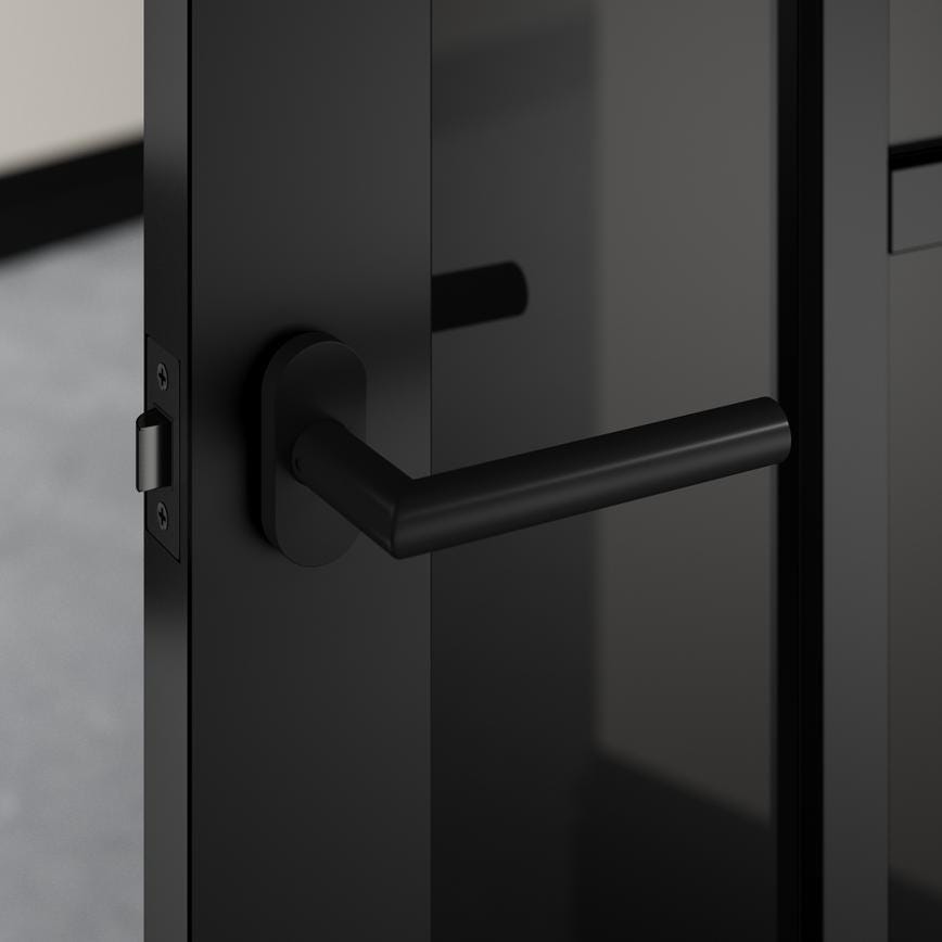 Howdens Lennox Matt Black Mitred Lever on Rose Door Handle Pair