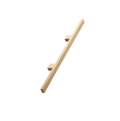 May include: A wooden handrail with two square-shaped supports. The handrail is light brown and has a natural wood grain.