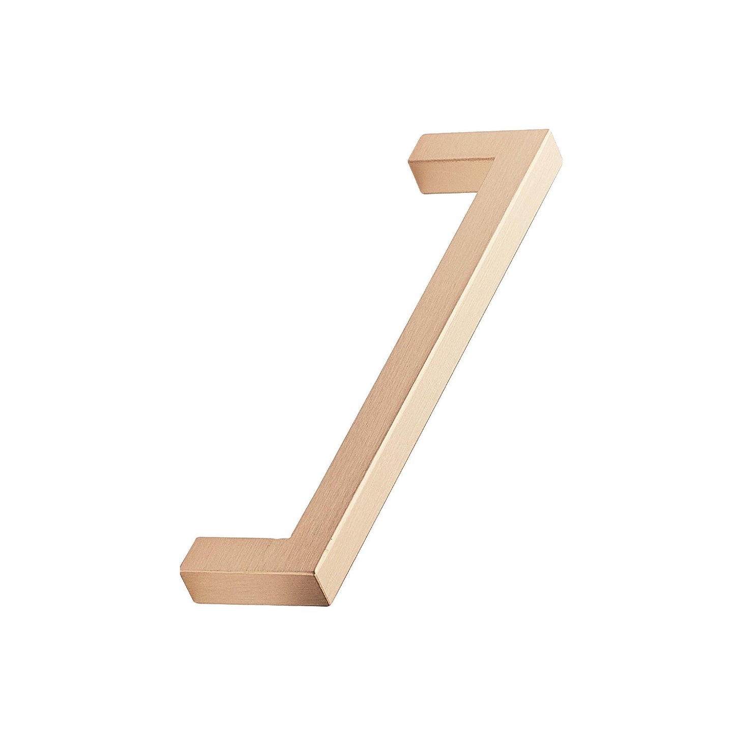 May include: A brushed gold cabinet pull with a square shape and a 90-degree angle.