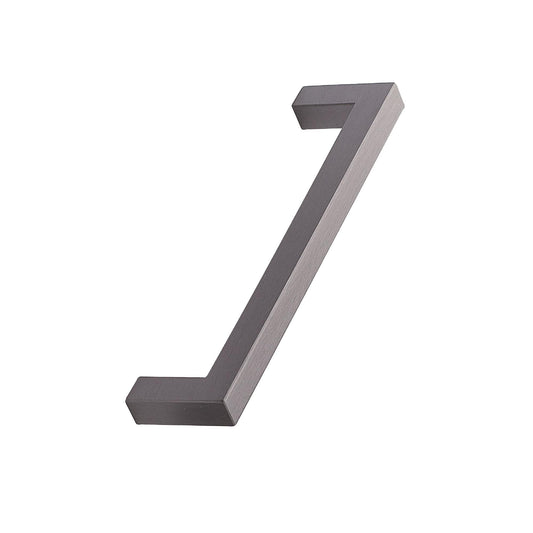 May include: A brushed nickel cabinet pull with a square shape and a simple design.