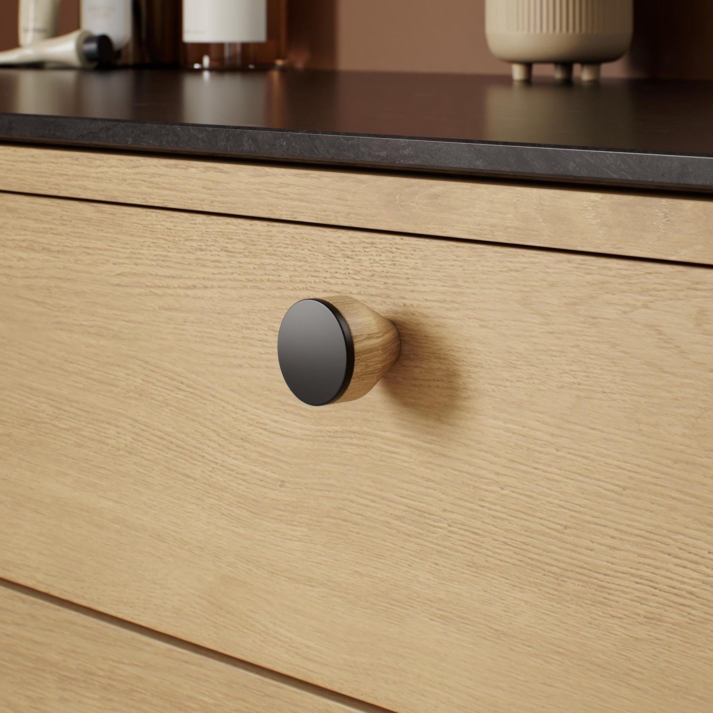 Furnipart Melura Oak & Matt Black Real Wooden Knob Lacquered