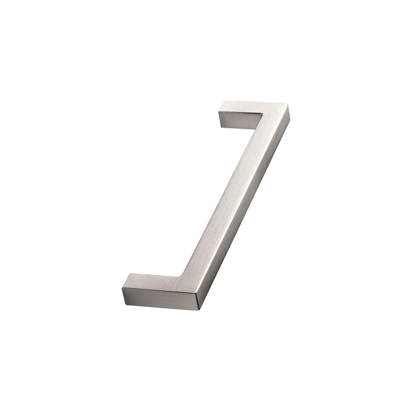 May include: A brushed nickel cabinet pull with a rectangular shape and a 90-degree angle.