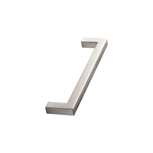 May include: A brushed nickel cabinet pull with a rectangular shape and a 90-degree angle.