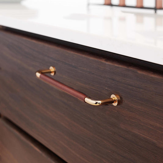 Furnipart Lounge Handle Dark Brown Leather/Polished Brass 160mm