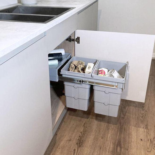 32L Pull Out Kitchen Bin - Ninka easyWaste - Base Mounted Integrated Recycling Bin - 2 x 16L Cabinet Waste Bin - Hinged Door Cupboard Bin