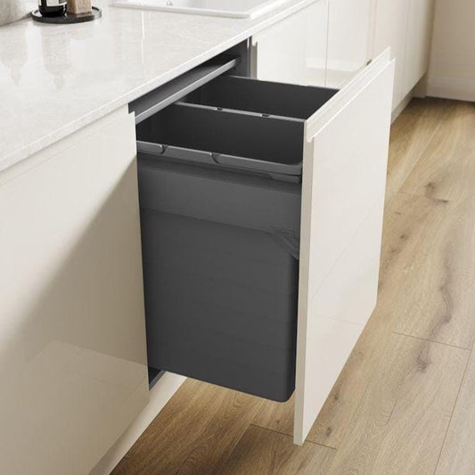 600mm Pull Out Kitchen Bin - 88.2L Integrated Recycling System - Ninka/Blum Soft Close Cabinet Waste Bin - Orion Grey